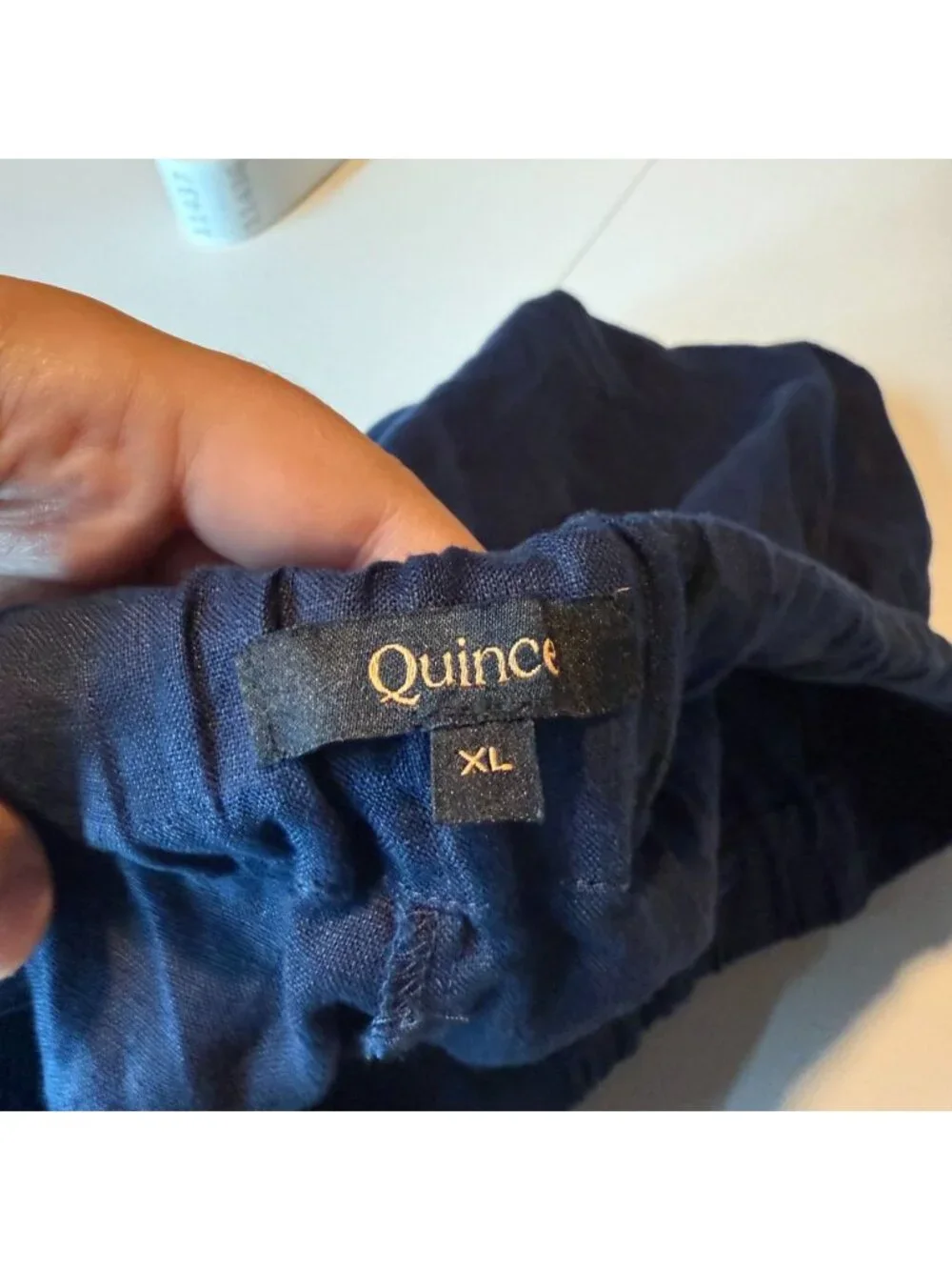 Quince Women XL 100% Linen Pants Tapered Ankle Pull On Navy Blue Stretch Waist